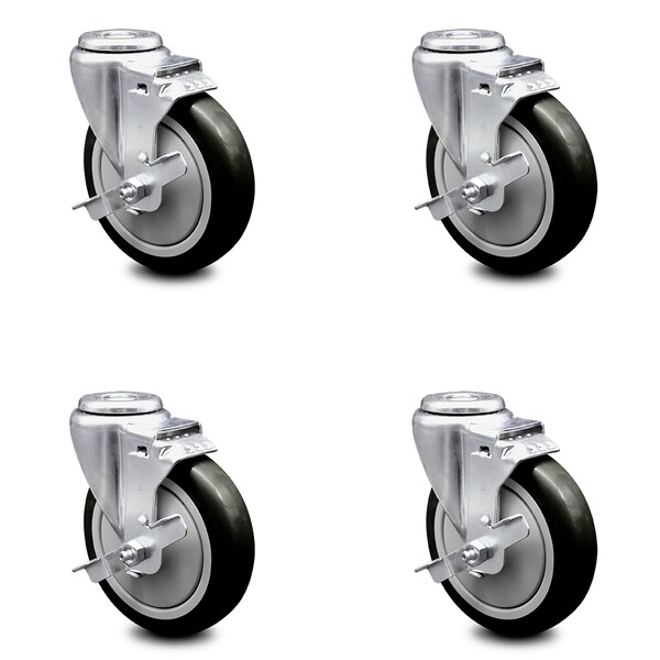 5 Inch Black Polyurethane Wheel Swivel Bolt Hole Caster Set with Brake SCC